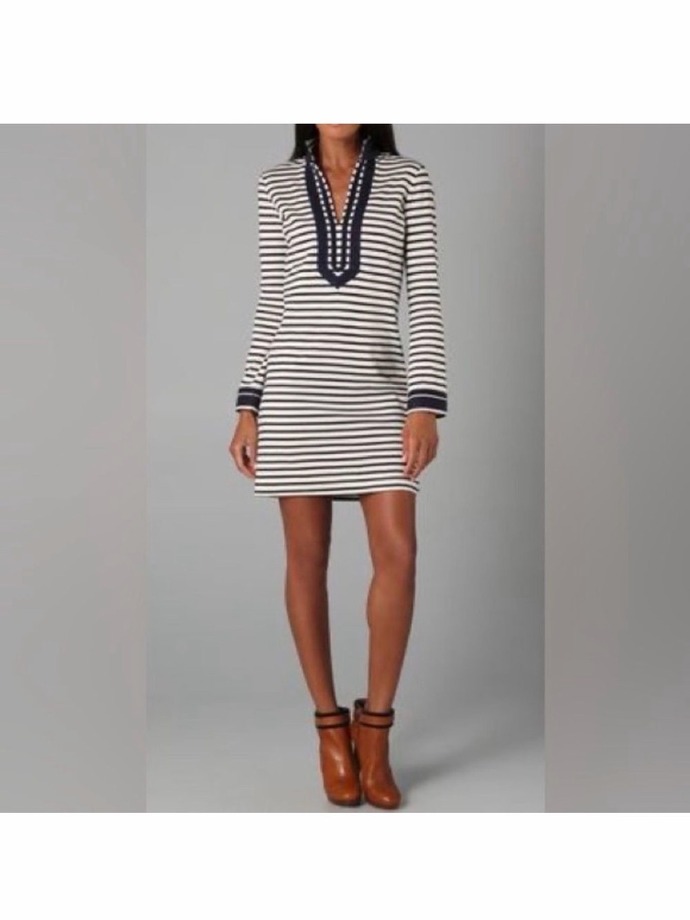 Tory Burch Navy and White Striped Long Sleeved Tunic Dress